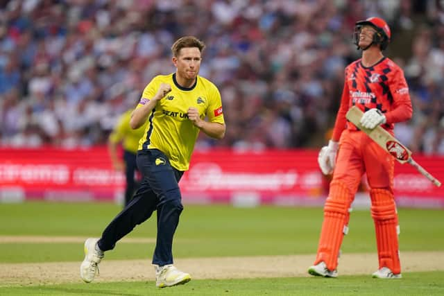 Hampshire Hawks' Liam Dawson (left) celebrates dismissing  Lancashire Lightning's Keaton Jennings. Picture: Mike Egerton/PA Wire.