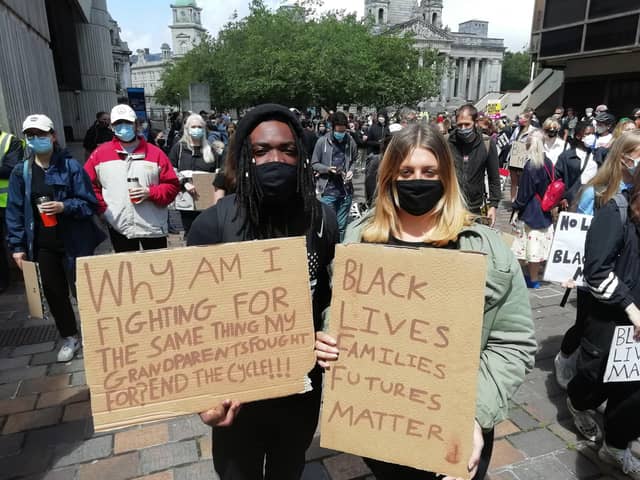 The Black Lives Matter protest and march took place in Portsmouth on Saturday, June 27.

Pictured is: Dante Ellington-Grant, 21, with his girlfriend Rebecca Higgins, 21. 

Picture: David George