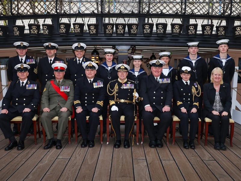 Pictured: HMS Victory, Ships company group photo. Front and centre - Vice Admiral Martin Connell CBE the Second Sea Lord.