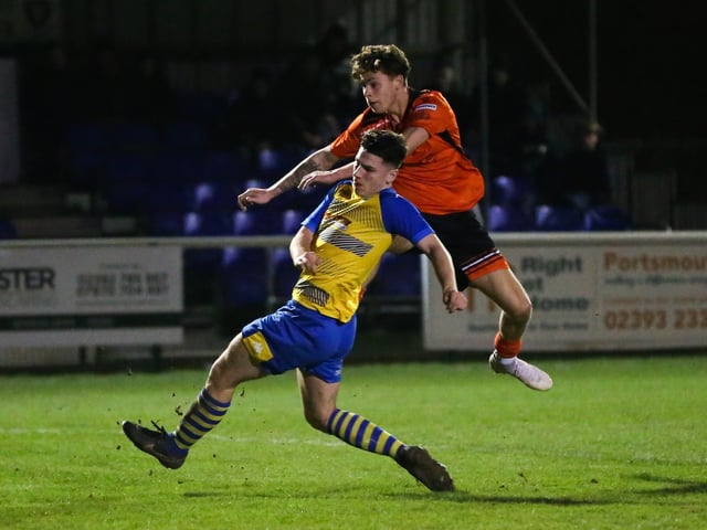 Portchester striker Harrison Brook fires in a shot. Picture by Nathan Lipsham