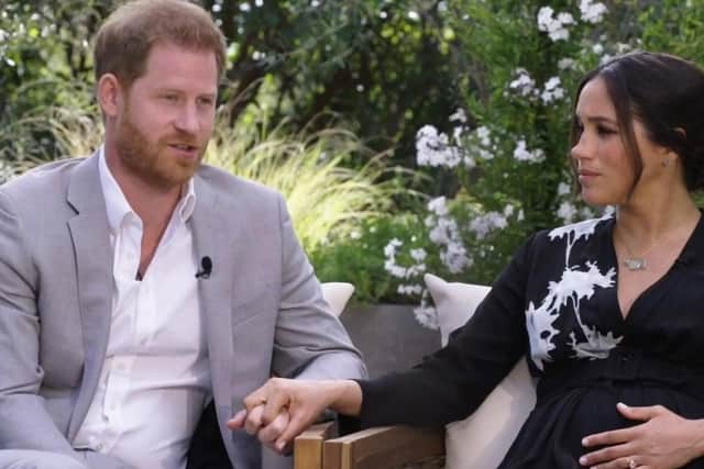 Screen grab photo supplied by ITV Hub courtesy of Harpo Productions/CBS showing the Duke and Duchess of Sussex during their interview with Oprah Winfrey which was broadcast in the US on March 7 and in the UK on March 8. Issue date: Monday March 8, 2021.