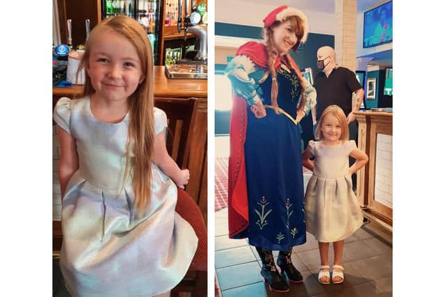 Poppy Crown, 5 from Leigh Park, had her hair chopped for the Little Princess Trust and was surprised by a visit from Frozen's Princess Anna. Pictured: Left, Poppy before her haircut and right, with Anna and her new hairdo