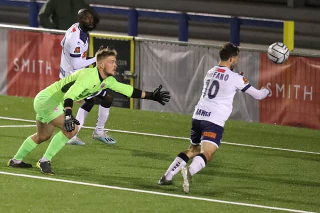Joe Iaciofano about to head in his second goal. Pic: Dave Haines.