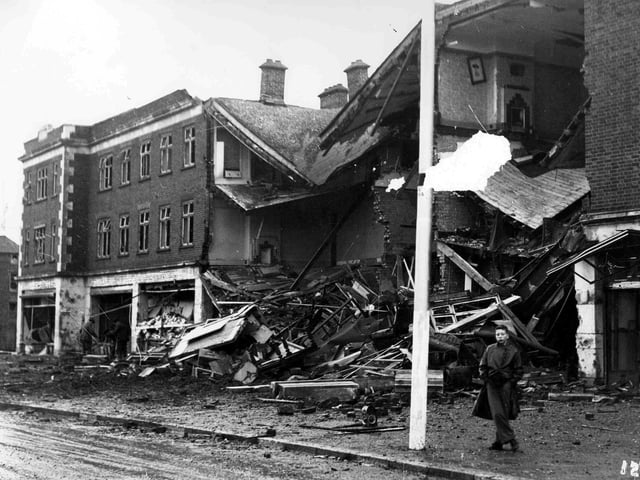 Here we see Highbury Buildings south of Cosham railway gates after being hit on December 12 1940. Two local people were killed by this explosion. Joan Millet aged 19 of Chatsworth Avenue, Highbury and Frederick Waldron aged 53 of Park Grove, Cosham.