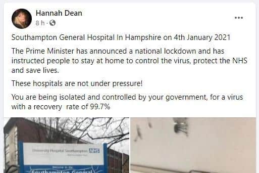 False claims by Hannah Dean on Facebook claim Southampton General Hospital and St Richards' in Chichester are 'not under pressure'. Picture: Facebook