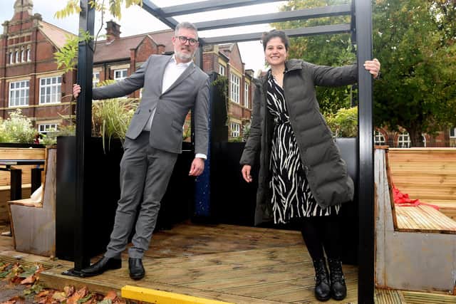 Portsmouth City Council Labour councillors George Fielding and Charlotte Gerada at the launch of the first Pompey Parklet in October 
Picture: Sarah Standing (201022-5039)