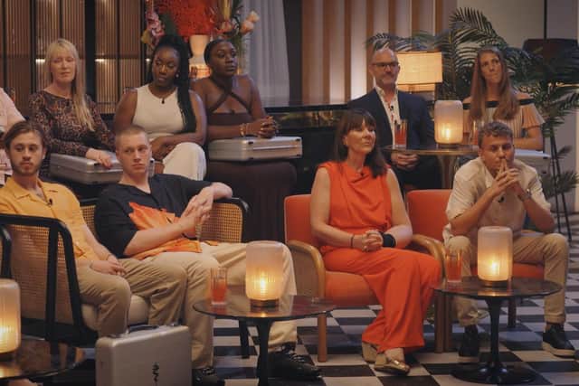 The contestants on ITV's new gameshow The Fortune Hotel must decide whether to keep or swap their suitcases (Picture: ITV)