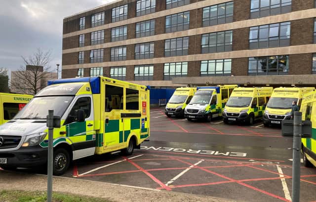 Ambulances parked up outside the Accident and Emergency department at the Queen Alexandra Hospital in Cosham, Portsmouth. Photo: Andrew Matthews/PA Wire