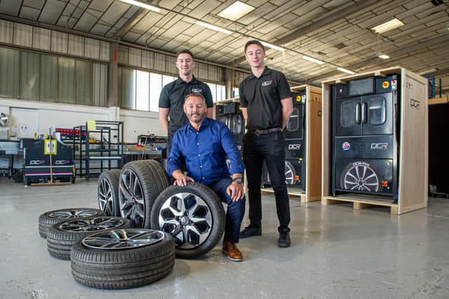Diamond Cut Refinishing Ltd or DCR manufacture in Portsmouth an alloy wheel refinishing lathe that is then shipped all over the UK and exported now to nearly every continent in the worldPictured: Managing Director, Steve Barrett with his sons, Bill and Adam Barrett at Diamond Cut Finishing, Hilsea, Portsmouth on 23 June 2021Picture: Habibur Rahman