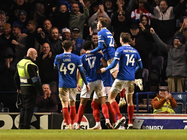 Ibane Bowat celebrates after heading home Pompey's winner against Blackburn. Picture: Graham Hunt/ProSportsImages