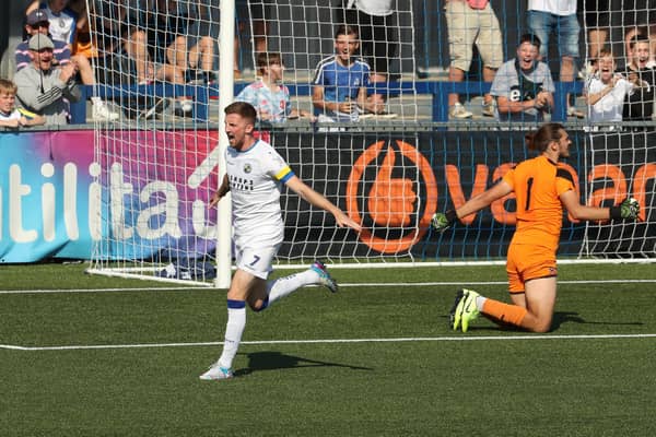 Jake McCarthy celebrates the first of his two goals in the 5-3 FA Cup win over Beaconsfield.
Picture: Dave Haines