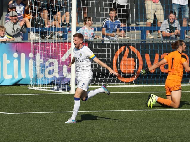 Jake McCarthy celebrates the first of his two goals in the 5-3 FA Cup win over Beaconsfield.
Picture: Dave Haines
