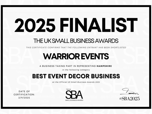 Warrior Events is proud to be named a finalist in the UK Small Business Awards 2025 for Best Event Décor Business.