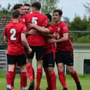 Locks Heath celebrate one of their goals in the 3-2 L4 Teamwear Challenge Cup semi-final victory over Silchester. Picture: Andrew Ormerod.