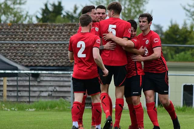 Locks Heath celebrate one of their goals in the 3-2 L4 Teamwear Challenge Cup semi-final victory over Silchester. Picture: Andrew Ormerod.