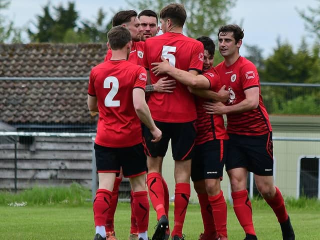 Locks Heath celebrate one of their goals in the 3-2 L4 Teamwear Challenge Cup semi-final victory over Silchester. Picture: Andrew Ormerod.