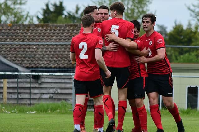 Locks Heath celebrate one of their goals in the 3-2 L4 Teamwear Challenge Cup semi-final victory over Silchester. Picture: Andrew Ormerod.