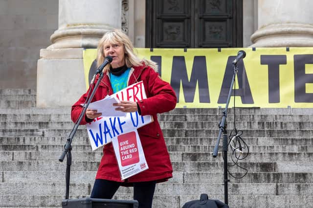 Viola Langley from let's Stop Aquind addresses a COP26 demonstration in Portsmouth in November Picture: Mike Cooter (061121)