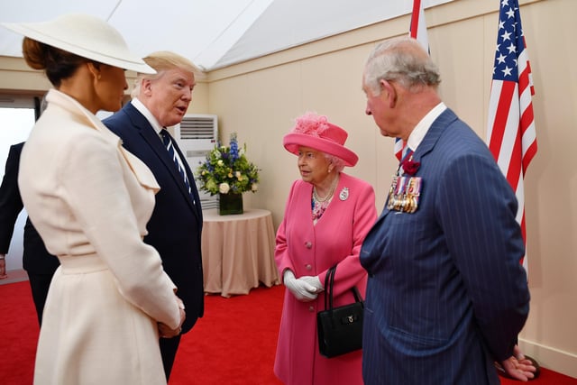 Prince Charles, Prince of Wales, Queen Elizabeth II, President of the United States, Donald Trump and First Lady of the United States, Melania Trump, at the D-Day 75 commemorations.