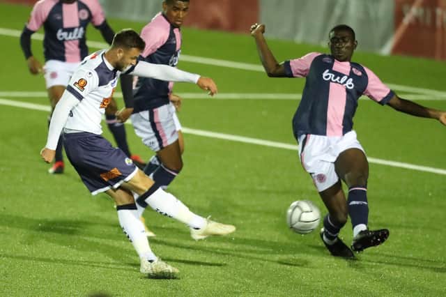 Hawks in action against Dulwich Hamlet last November - the south London club are one of three in the National League South currently refusing to play after the Government said they had to take out loans to cover January, February and March. Picture by Dave Haines.