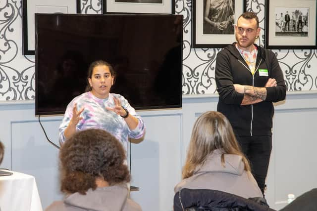 Young people from Portsmouth gathered at The Queens Hotel on Saturday to discuss equality, diversity and inclusion and her from a number of changemakers with a view to exploring activism through art.

Pictured - Speaker Tally Aslam of Community Project Portsmouth Pride 

Photos by Alex Shute