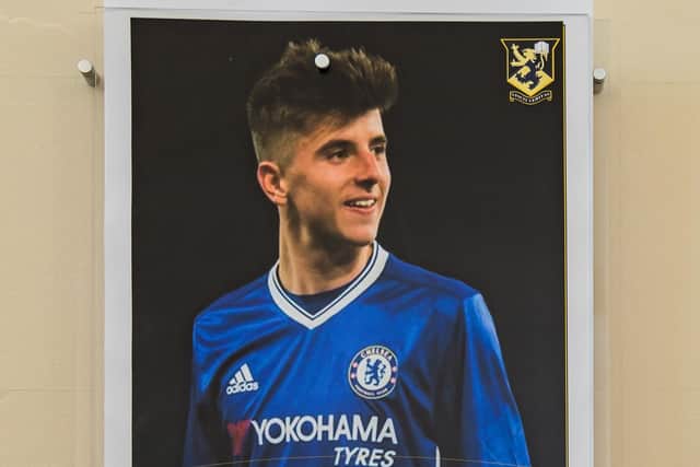 A poster of former pupil Mason Mount on display at Purbrook Park School. Picture: Mike Cooter (090721)