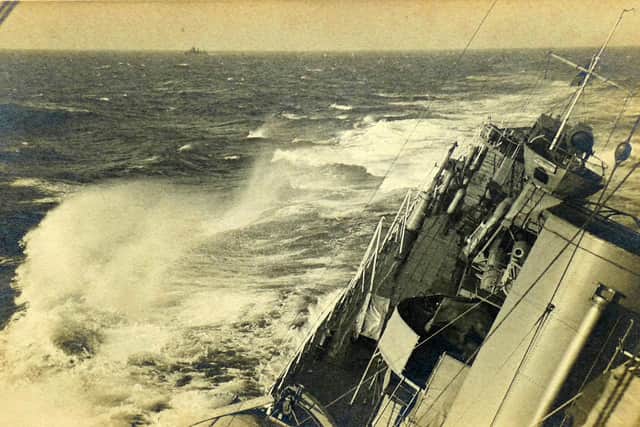 HMS Wren,  Ark Royal’s rescue tender,  runs into rough seas. The W-class destroyer was attacked by 15 JU 87s off the Suffolk coast in July 1940 and sank with the loss of 37 lives.
Picture: Courtesy of Tim King