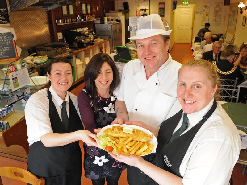 2011. Whistlers Fish and Chip shop in West Fareham. (left to right) Lindsey Arnott (30), Rana Hammami (37), Bill Bishop (49) and Sandra Bishop (42). Picture: Malcolm Wells 110911-5644