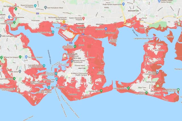 Flood risk map around south Hampshire. Image: Climate Central coastal.climatecentral.org