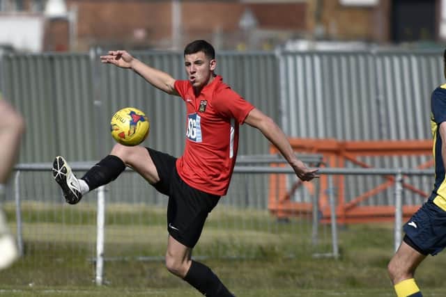 Fareham Town's Charlie Cooper had a first-half penalty saved in the final-day defeat at 10-man league champions Hamworthy Picture: Allan Hutchings (030421-073)