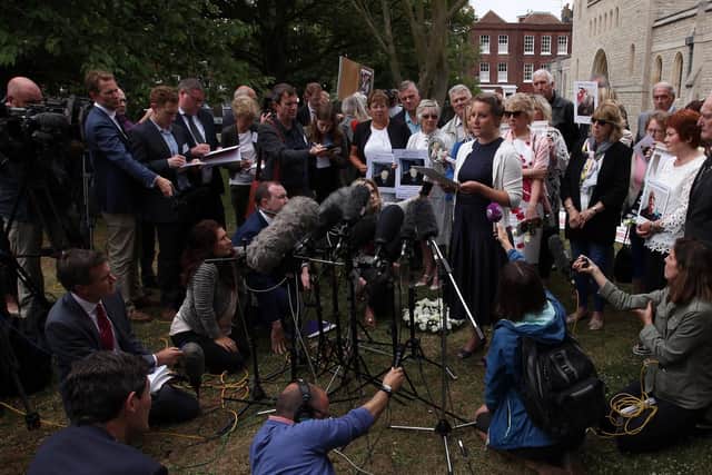 Bridget Reeves reads a statement to the press on behalf of the families in 2018 on the release of Gosport Independent Panel's report into deaths at Gosport War Memorial Hospital. Picture: Chris Moorhouse