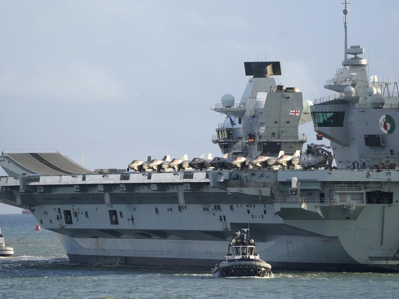 F35b jets line the deck of HMS Queen Elizabeth, as the Royal Navy aircraft carrier leaves Portsmouth Harbour. Picture date: Friday November 3, 2023. PA Photo. Andrew Matthews/PA Wire