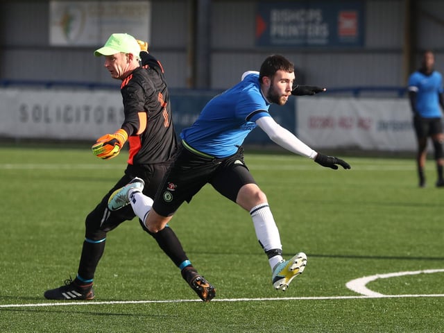 Eastney's Harry Knight is fouled by the Freehouse goalkeeper, resulting in a penalty. Picture: Stuart Martin