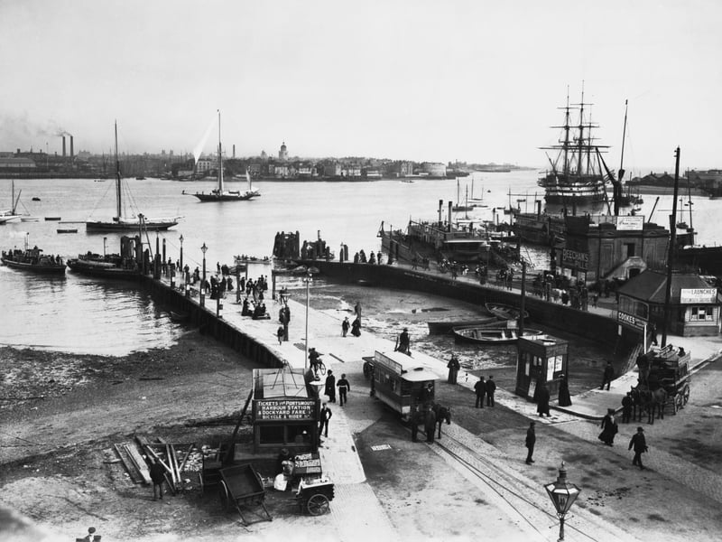 Portsmouth Harbour, situated on Portsea Island in Hampshire, circa 1890. (Photo by F. J. Mortimer/Hulton Archive/Getty Images)