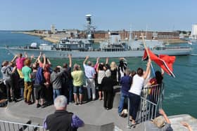 HMS Iron Duke leaves Portsmouth for deployment in 2014.  Picture: Allan Hutchings (141864-039)