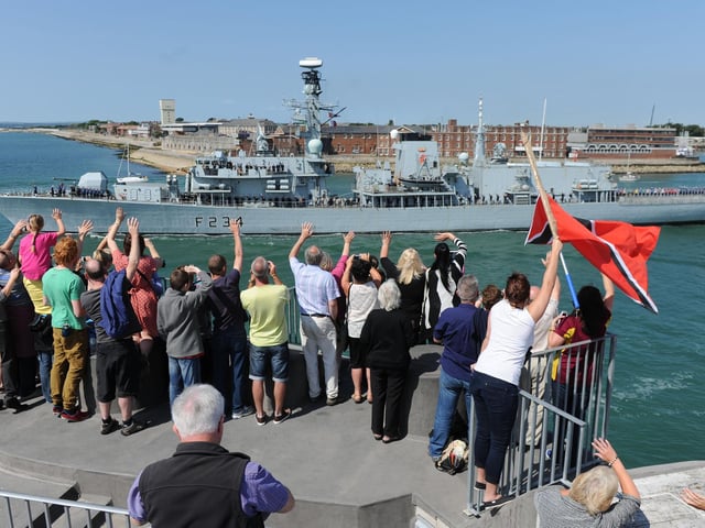 HMS Iron Duke leaves Portsmouth for deployment in 2014.  Picture: Allan Hutchings (141864-039)