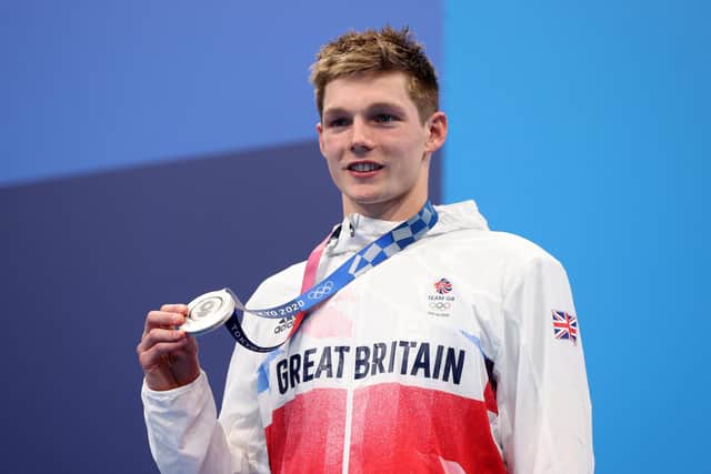 Silver medalist Duncan Scott of Team Great Britain celebrates during the medal ceremony for the Men's 200m Individual Medley Final. Picture: Maddie Meyer/Getty Images.