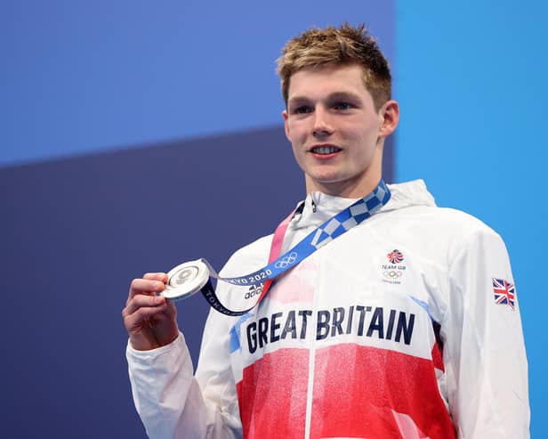 Silver medalist Duncan Scott of Team Great Britain celebrates during the medal ceremony for the Men's 200m Individual Medley Final. Picture: Maddie Meyer/Getty Images.