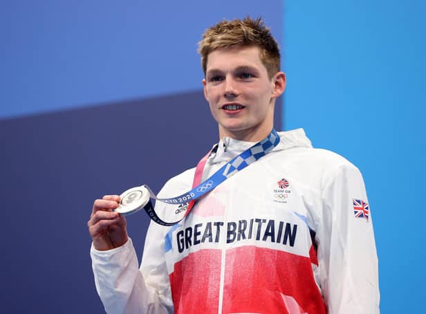 Silver medalist Duncan Scott of Team Great Britain celebrates during the medal ceremony for the Men's 200m Individual Medley Final. Picture: Maddie Meyer/Getty Images.
