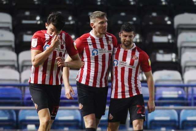 Sunderland striker Charlie Wyke, centre, following his goal against Pompey at Fratton Park in March