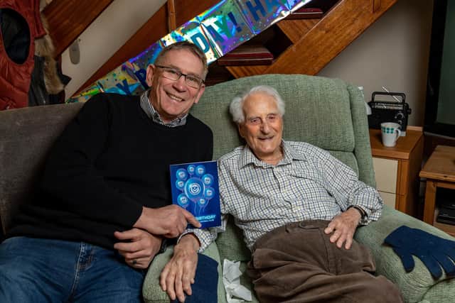 Eric Moore gets a visit - and exclusive Pompey birthday card - from Pompey legend Alan Knight on his 108th birthday. Picture: Mike Cooter (110324)