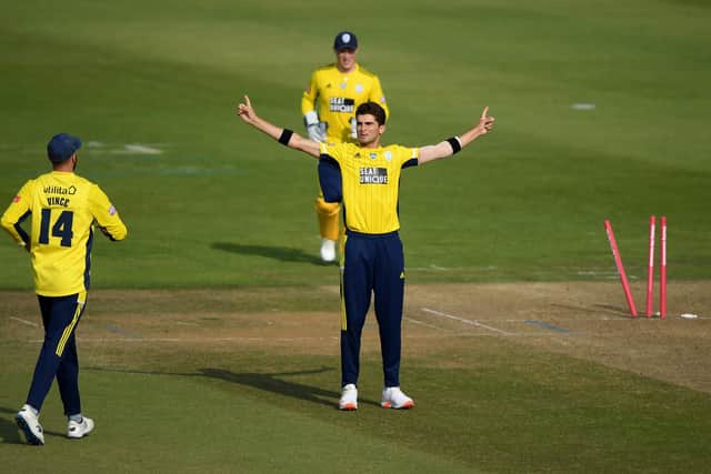 Shaheen Afridi celebrates one of his six Hampshire wickets against Middlesex in September - he has since taken five wickets in two other T20 matches and this week plays in the Pakistan Super League final for Lahore. Photo by Alex Davidson/Getty Images.