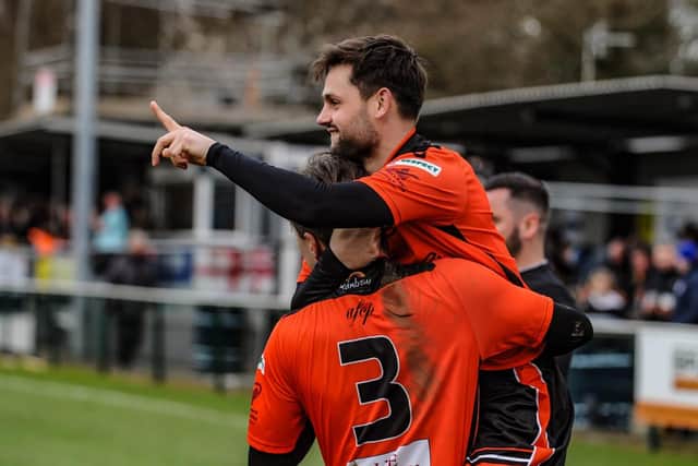 George Barker celebrates one of his two goals against Portland. Picture by Daniel Haswell