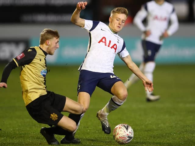 Harvey White in action for Tottenham against Marine. Picture: CLIVE BRUNSKILL/POOL/AFP via Getty Images