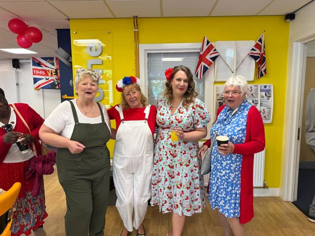 Cllr Gemma Furnivall with Hub Volunteers dressed in 1940's style outfits.