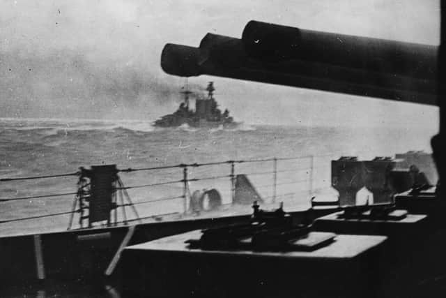 5th May 1941:  The last picture of HMS Hood seen from HMS Prince of Wales as she went into action against the German battleship 'Bismarck'.  (Photo by Keystone/Getty Images)