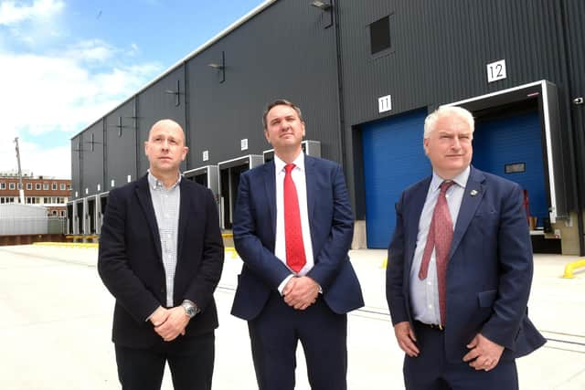 Portsmouth International Port's Border Control Post, off Mile End Road, Portsmouth.

Pictured is:  (l-r) Mike Sellers, port director at Portsmouth International Port., Richard Ballantyne, chief executive at British Ports Association and Gerald Vernon-Jackson, leader of Portsmouth City Council.

Picture: Sarah Standing (040722-1224)