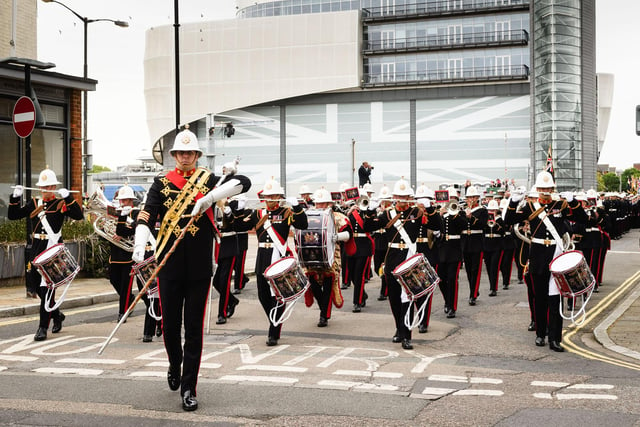 Pictured is: The Royal Marines Band leading the parade. Picture: Keith Woodland (190621-66).
