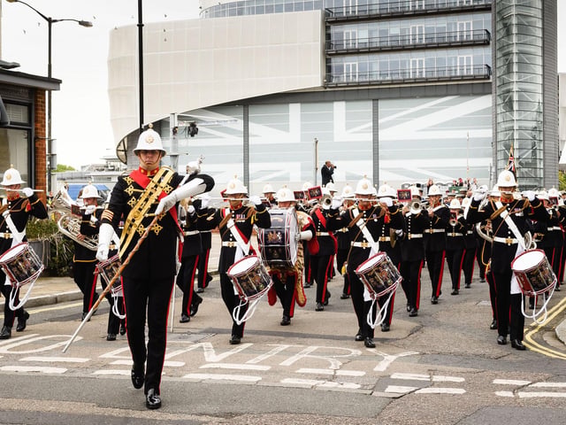 Pictured is: The Royal Marines Band leading the parade. Picture: Keith Woodland (190621-66).