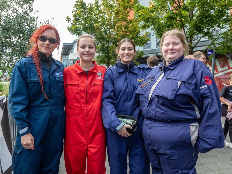 Libby, Jess, Abbie and Rebecca who acted as volunteer casualties for the extrication challenge at Gunwharf Quays. Picture: Mike Cooter (280924)
